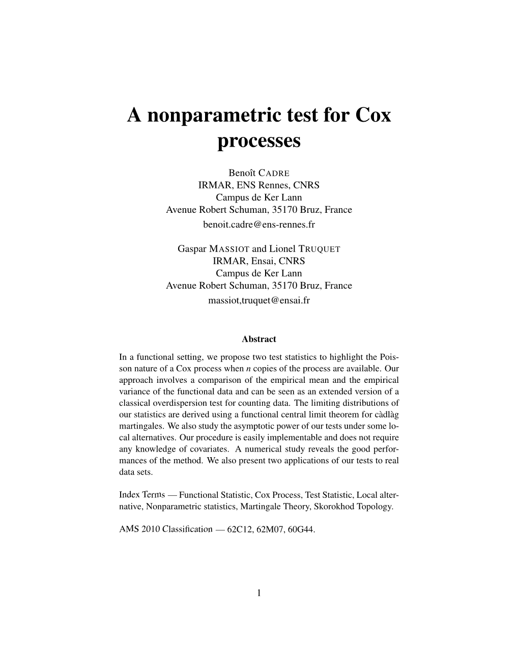 A Nonparametric Test for Cox Processes