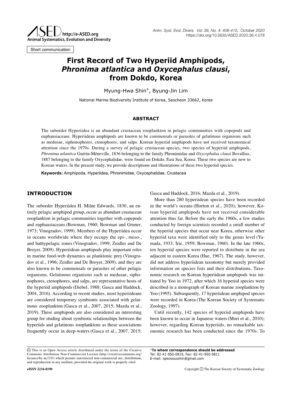 First Record of Two Hyperiid Amphipods, Phronima Atlantica and Oxycephalus Clausi, from Dokdo, Korea