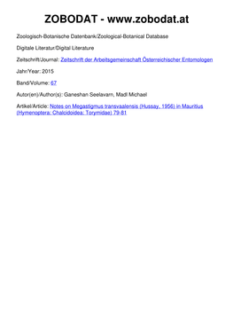 Notes on Megastigmus Transvaalensis (HUSSAY, 1956)