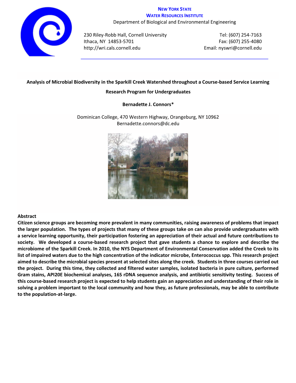 Analysis of Biodiversity in the Sparkill Creek Watershed As a Course-Based Service Learning Undergraduate Experience