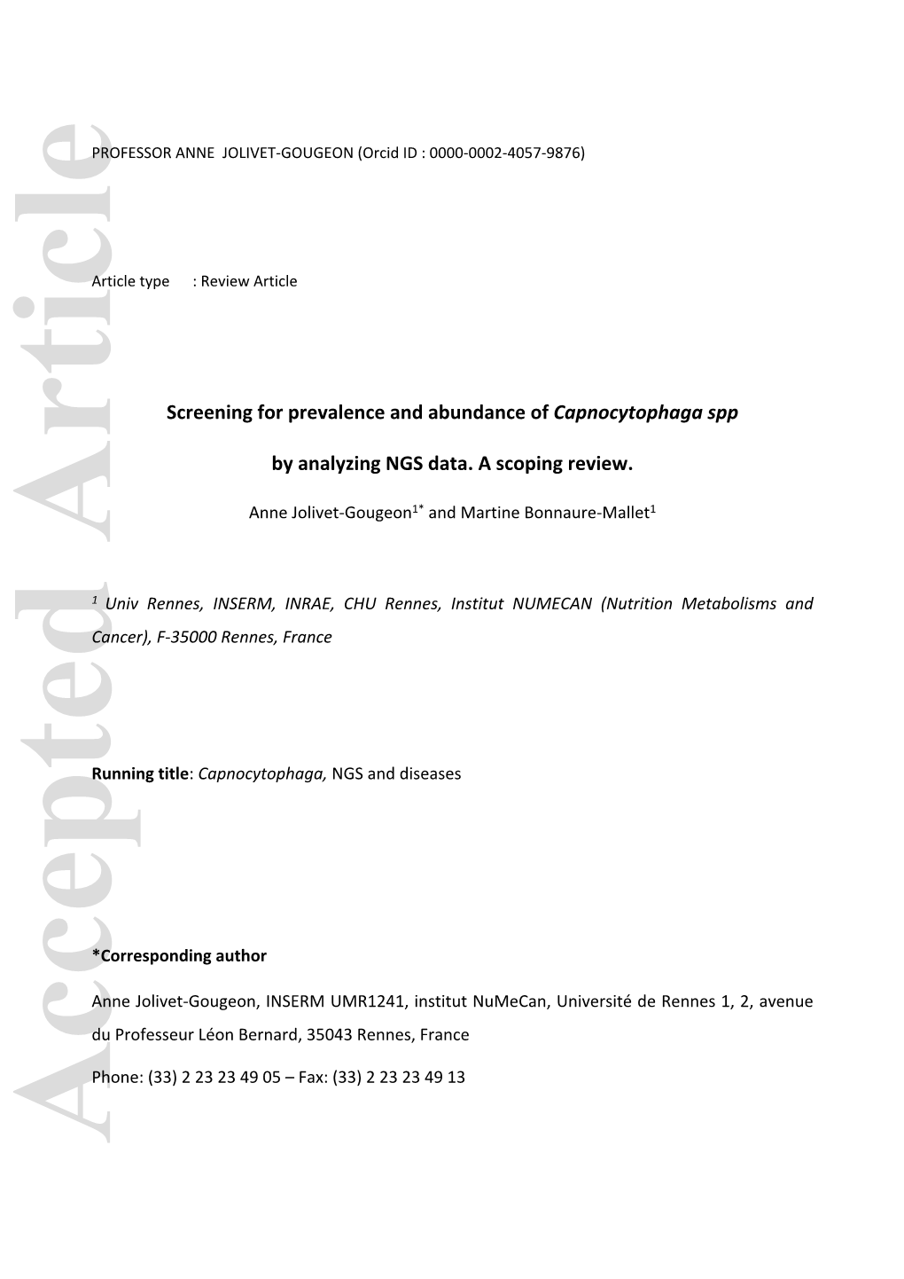 Screening for Prevalence and Abundance of Capnocytophaga Spp