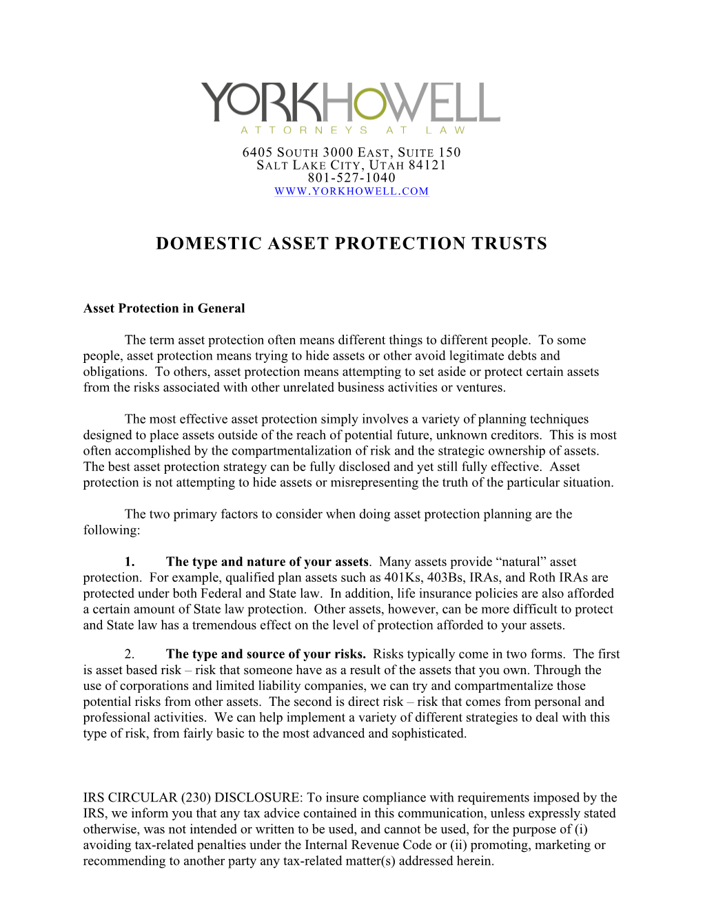 Domestic Asset Protection Trusts