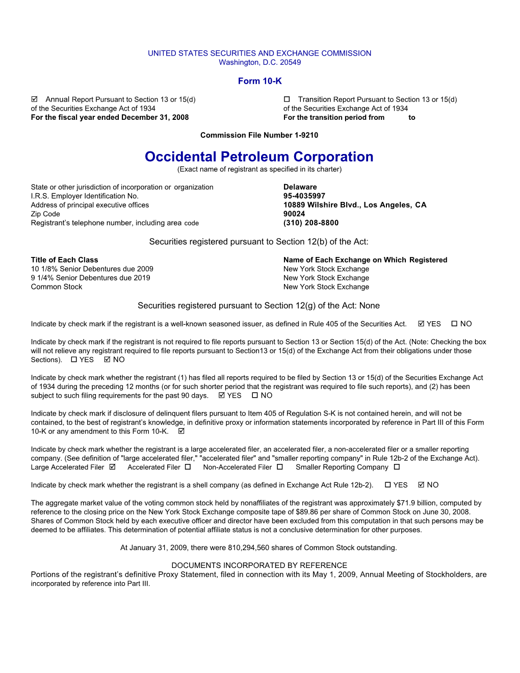 Occidental Petroleum Corporation (Exact Name of Registrant As Specified in Its Charter)