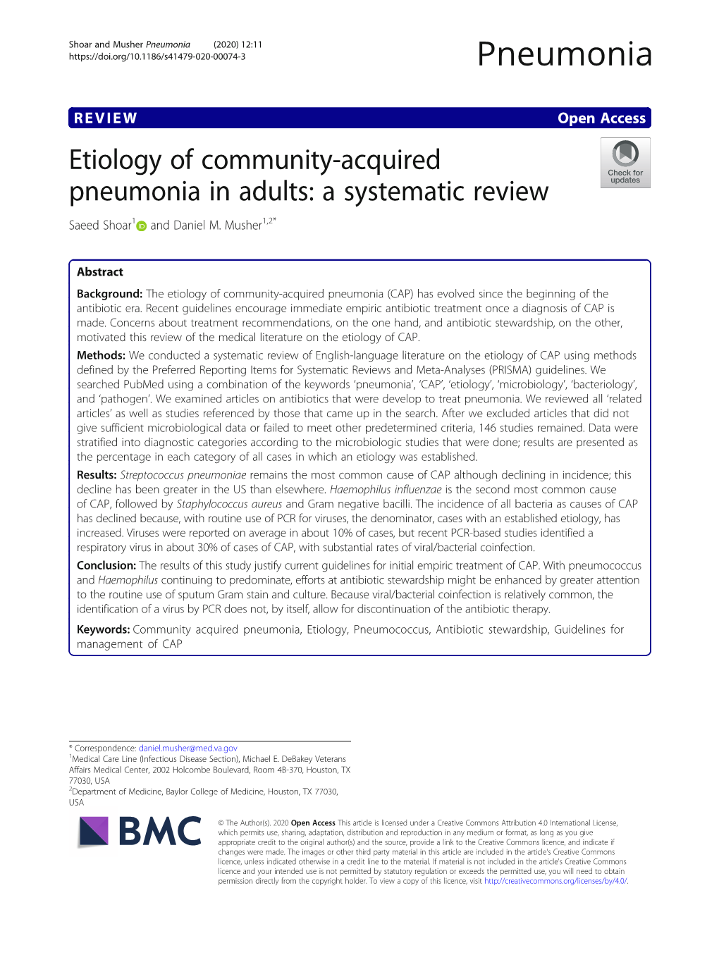 Etiology of Community-Acquired Pneumonia in Adults: a Systematic Review Saeed Shoar1 and Daniel M