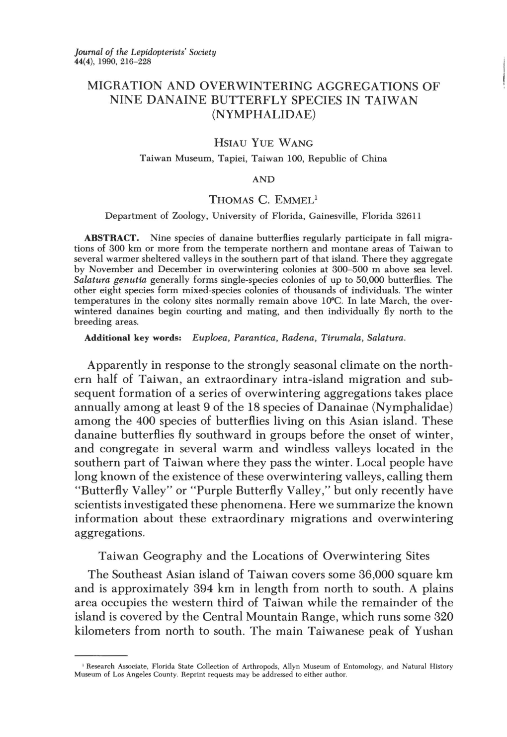 Migration and Overwintering Aggregations of Nine Danaine