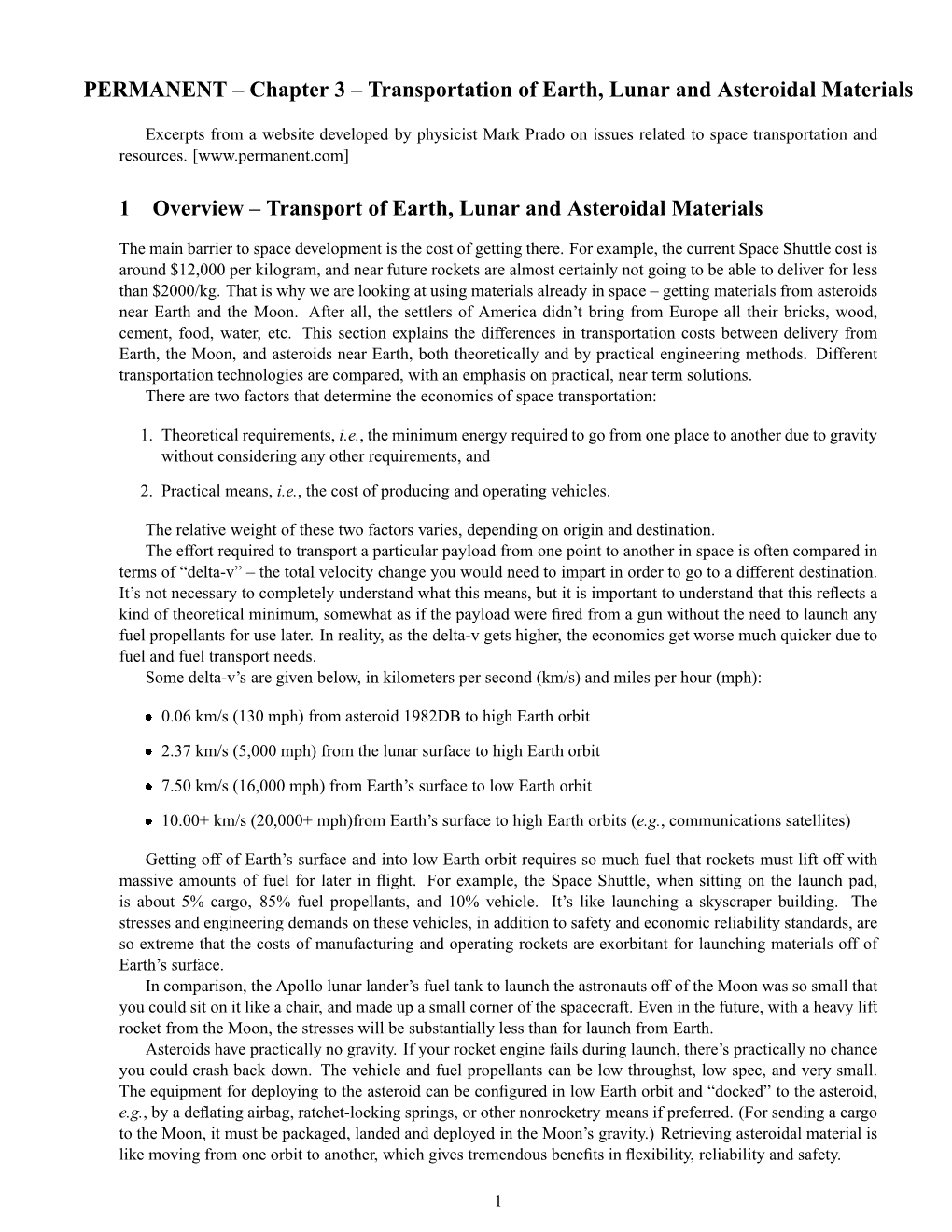 PERMANENT – Chapter 3 – Transportation of Earth, Lunar and Asteroidal Materials 1 Overview – Transport of Earth, Lunar