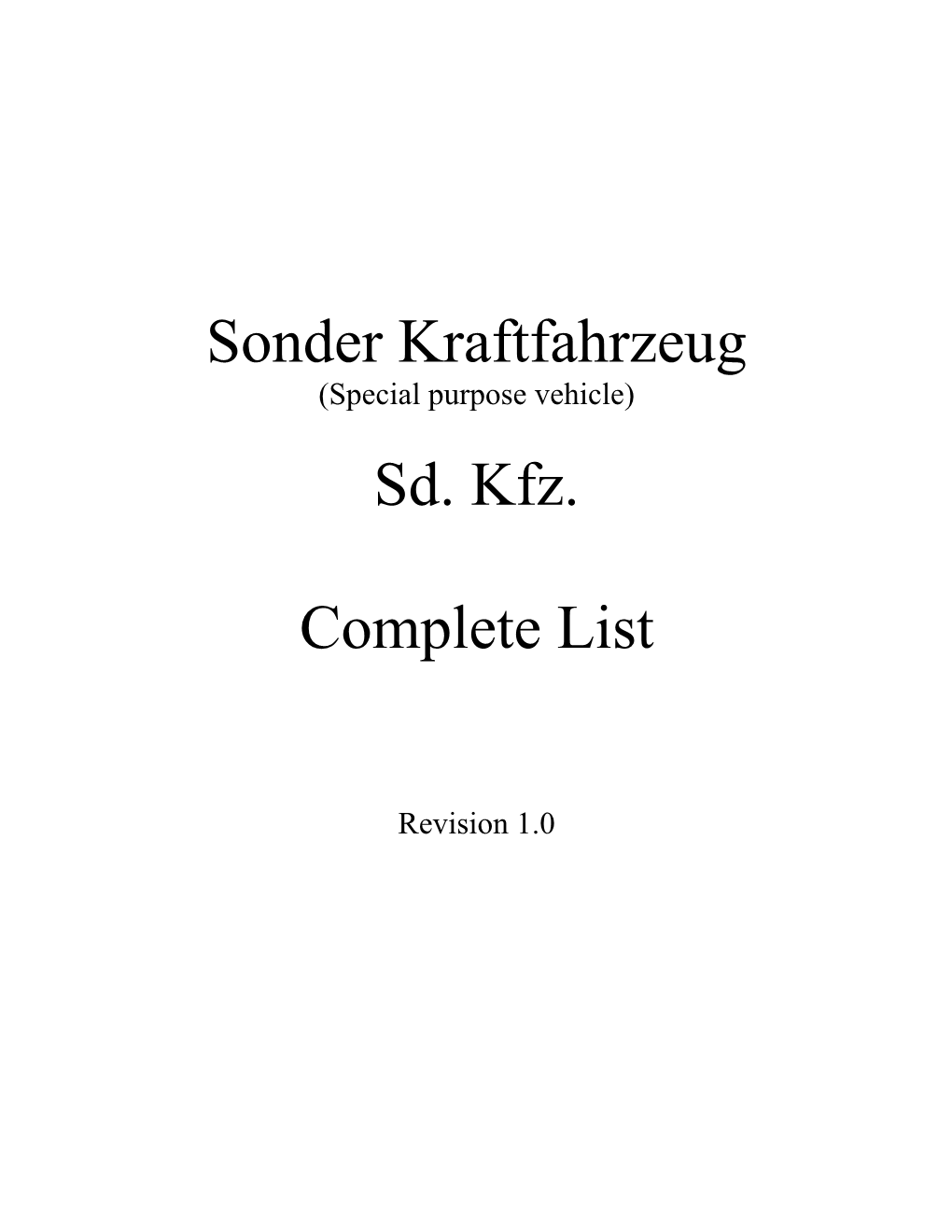 Sonder Kraftfahrzeug Sd. Kfz. Complete List