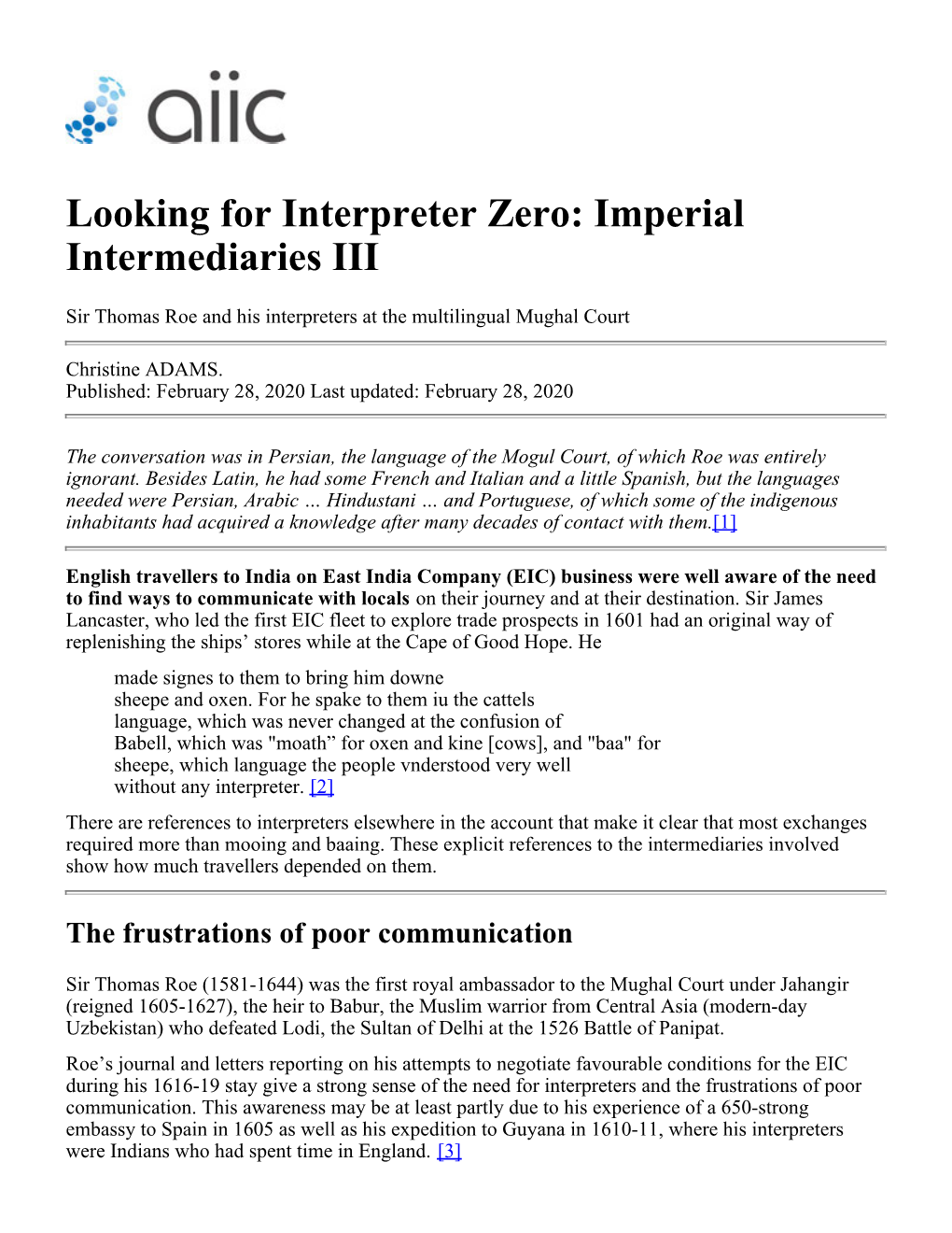 Looking for Interpreter Zero: Imperial Intermediaries III