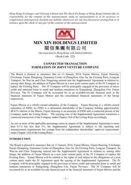 MIN XIN HOLDINGS LIMITED 閩信集團有限公司 (Incorporated in Hong Kong with Limited Liability) (Stock Code: 222)