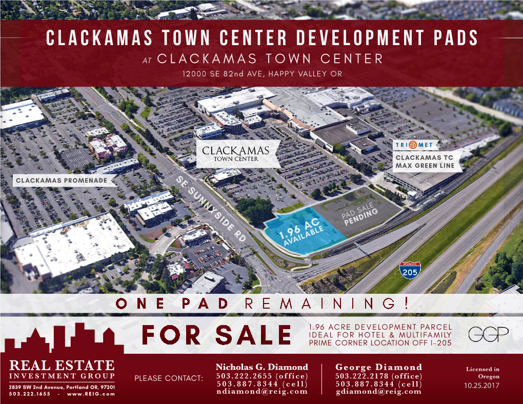 For Sale Clackamas Town Center Development Pads