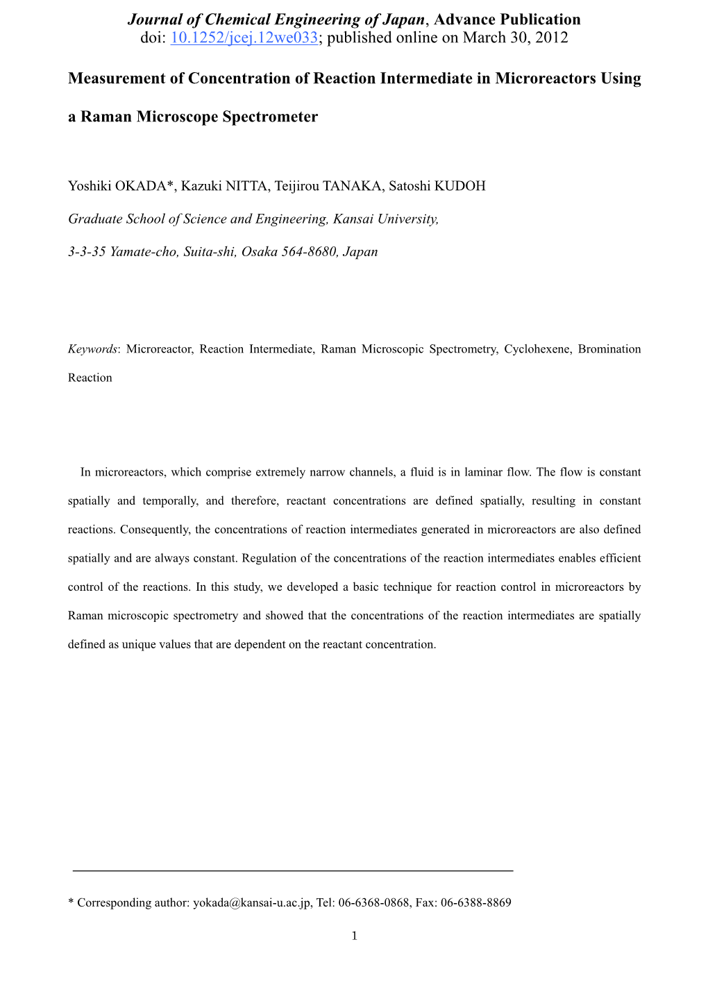 Measurement of Concentration of Reaction Intermediate in Microreactors Using a Raman Microscope Spectrometer