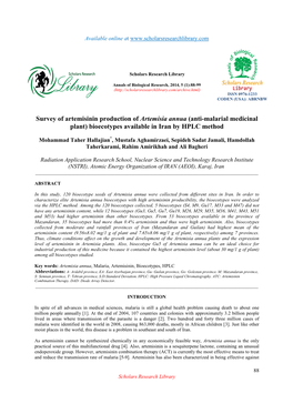 Survey of Artemisinin Production of Artemisia Annua (Anti-Malarial Medicinal Plant) Bioecotypes Available in Iran by HPLC Method