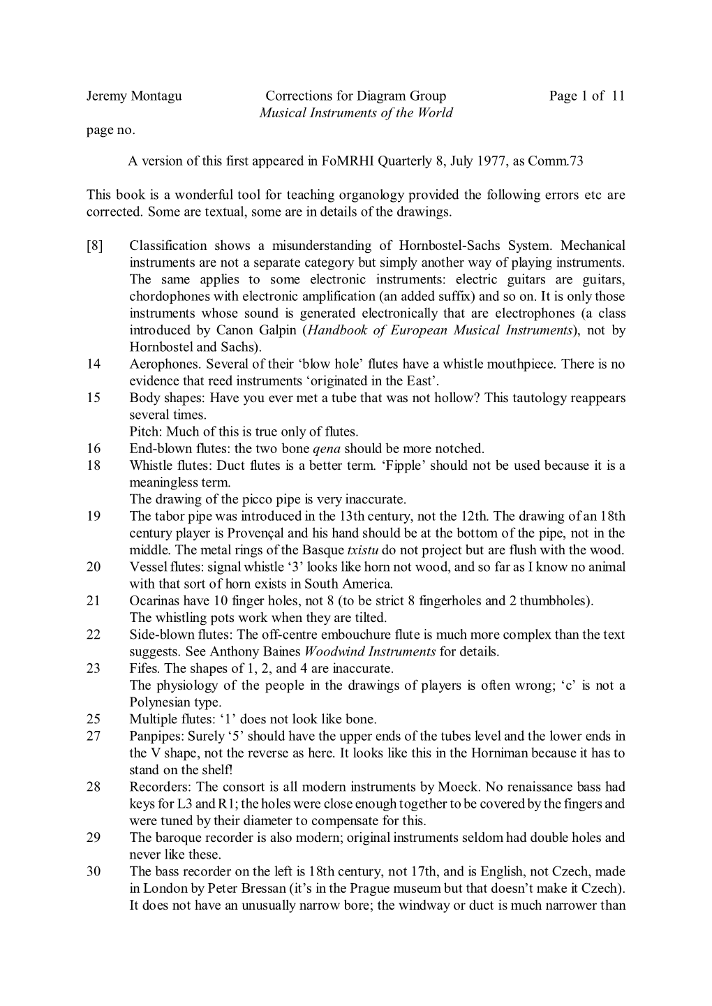 Jeremy Montagu Corrections for Diagram Group Musical Instruments of the World Page No. Page 1 of 11 a Version of This First