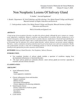 Non Neoplastic Lesions of Salivary Gland N.Anitha 1, Aravind Jagadeesan2 1