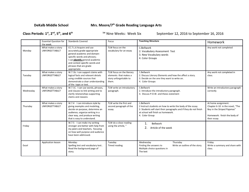 Dekalb Middle School Mrs. Moore/7Th Grade Reading Language Arts