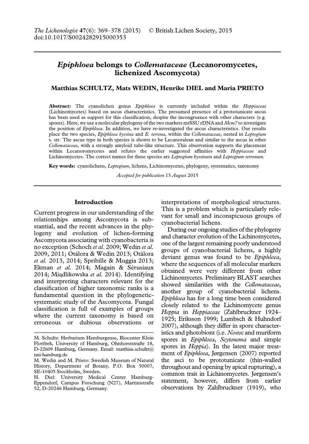 Epiphloea Belongs to Collemataceae (Lecanoromycetes, Lichenized Ascomycota)