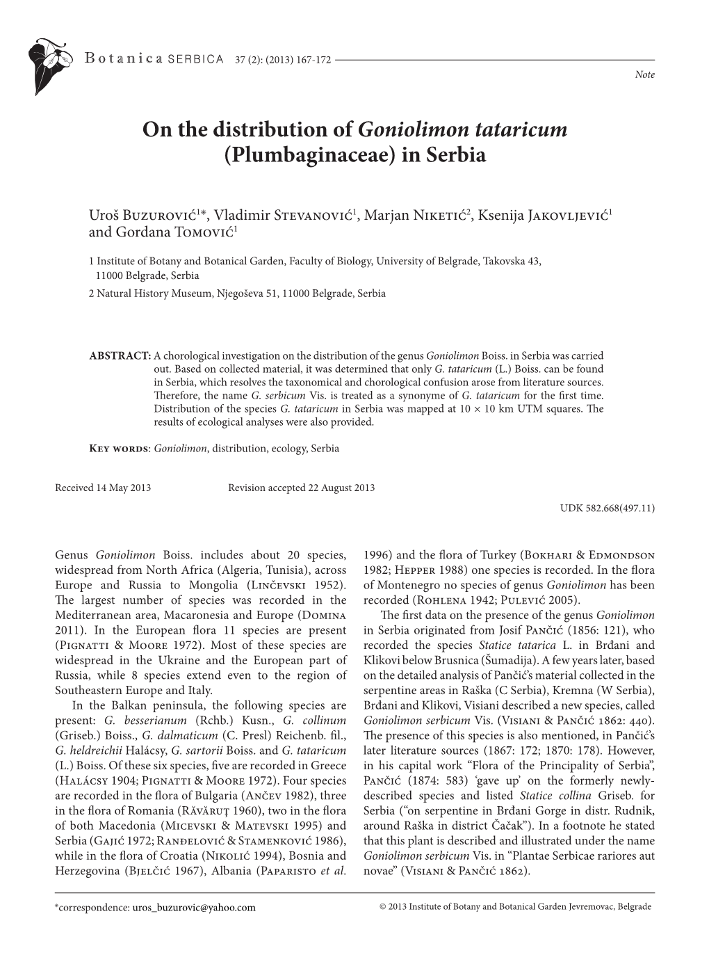 On the Distribution of Goniolimon Tataricum (Plumbaginaceae) in Serbia