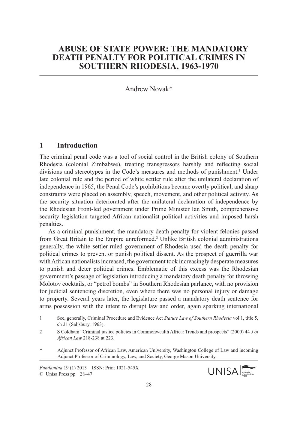 The Mandatory Death Penalty for Political Crimes in Southern Rhodesia, 1963-1970