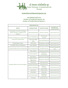 Kratie Bird and Mammal Species List