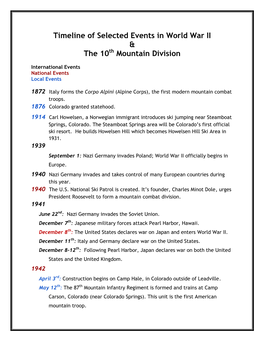 Timeline of Selected Events in World War II & the 10Th Mountain Division