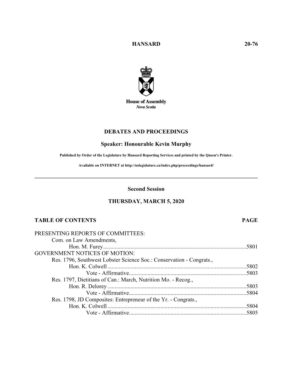 HANSARD 20-76 DEBATES and PROCEEDINGS Speaker