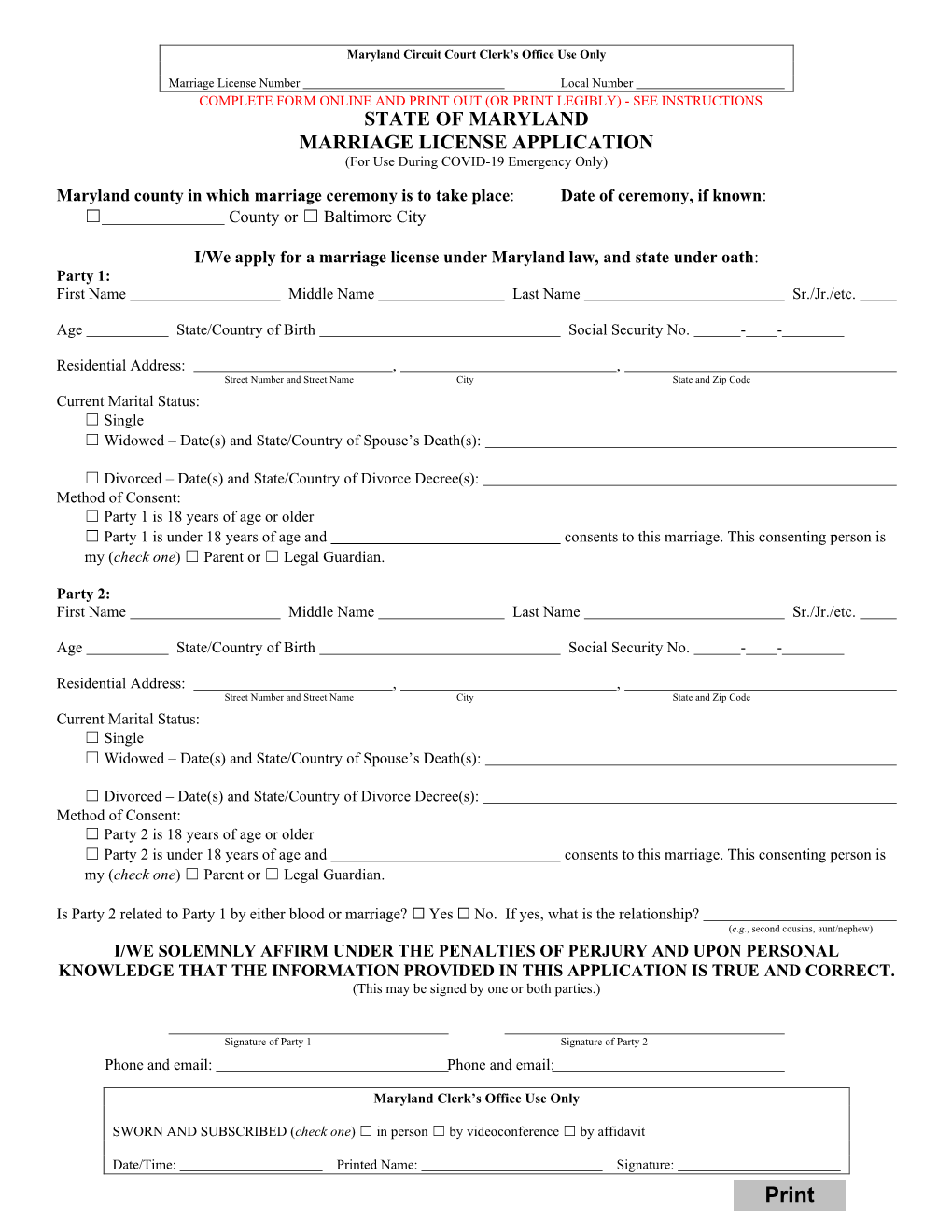 MARRIAGE LICENSE APPLICATION (For Use During COVID-19 Emergency Only)