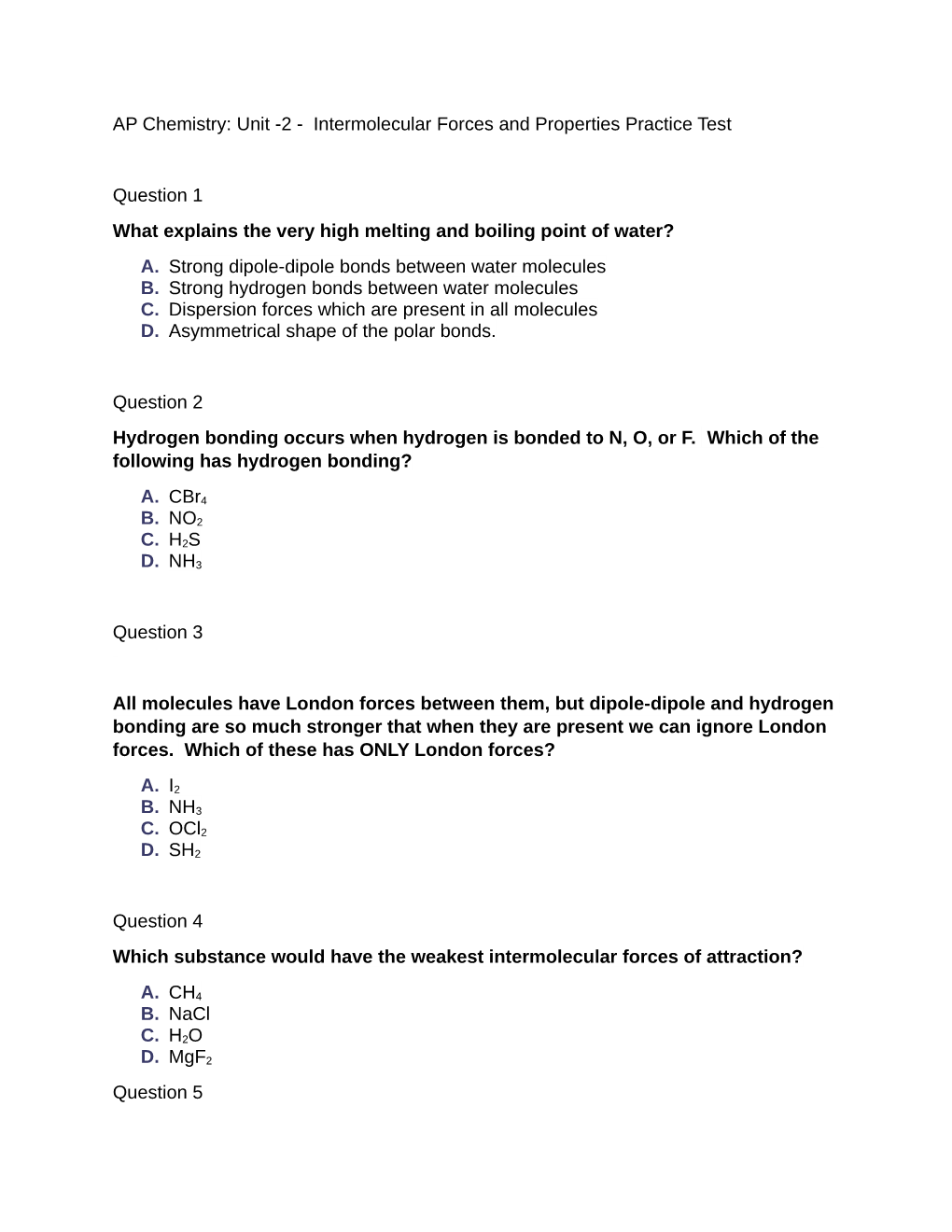 Unit -2 - Intermolecular Forces and Properties Practice Test