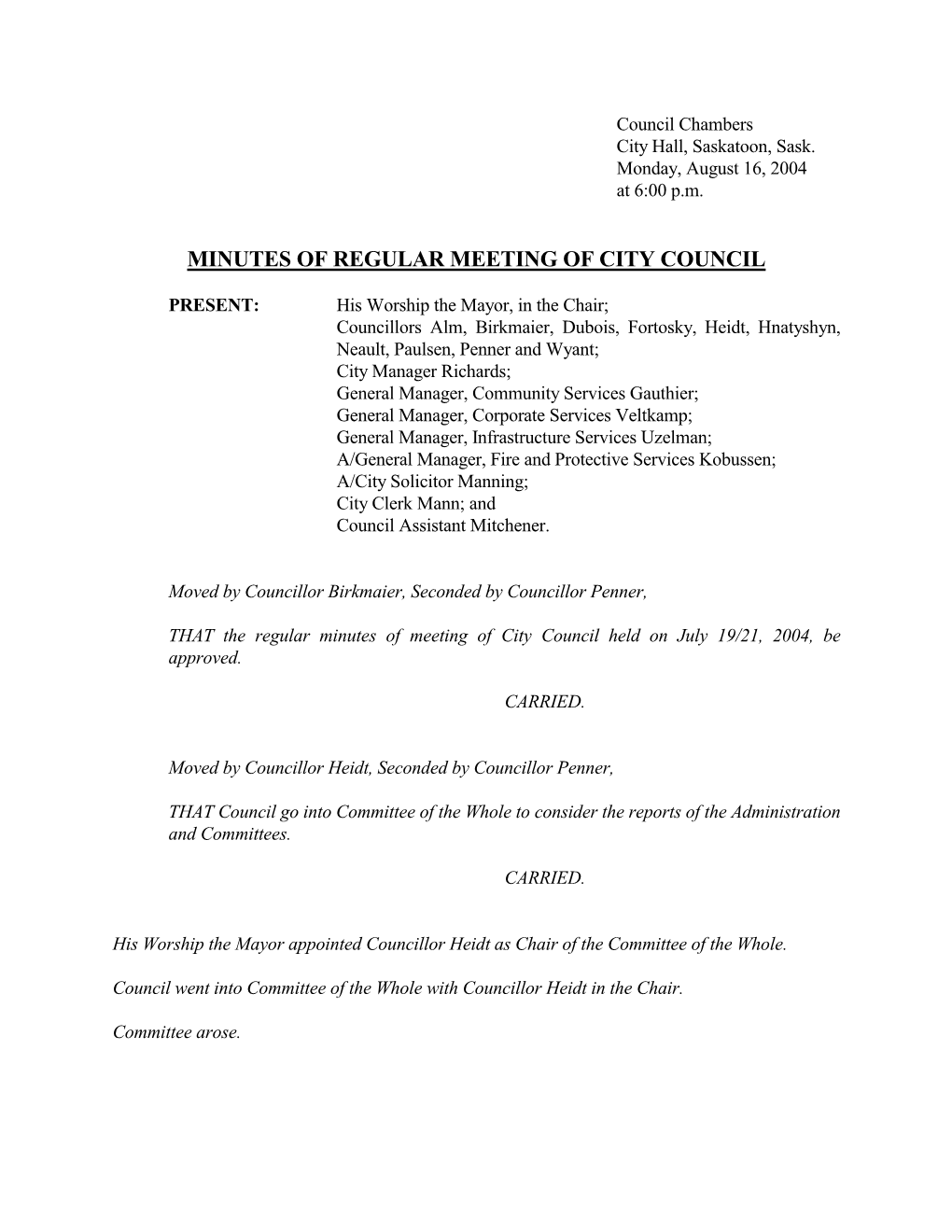 Minutes of Regular Meeting of City Council