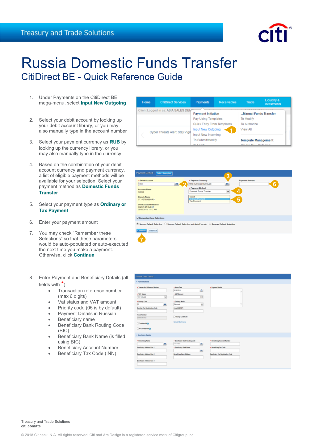 Russia Domestic Funds Transfer Citidirect BE - Quick Reference Guide