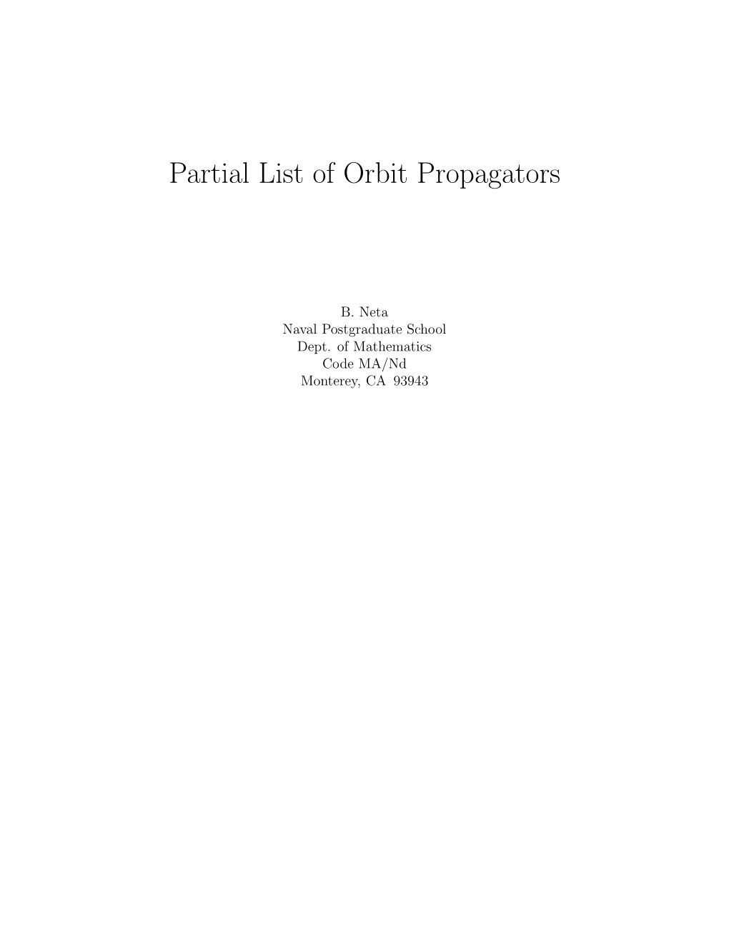 Partial List of Orbit Propagators