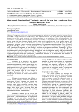 Food Tourism) – a Search for Local Food Experiences: Case Study on Telangana State Dinesh Kumar