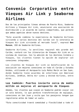 Convenio Corporativo Entre Vieques Air Link Y Seaborne Airlines