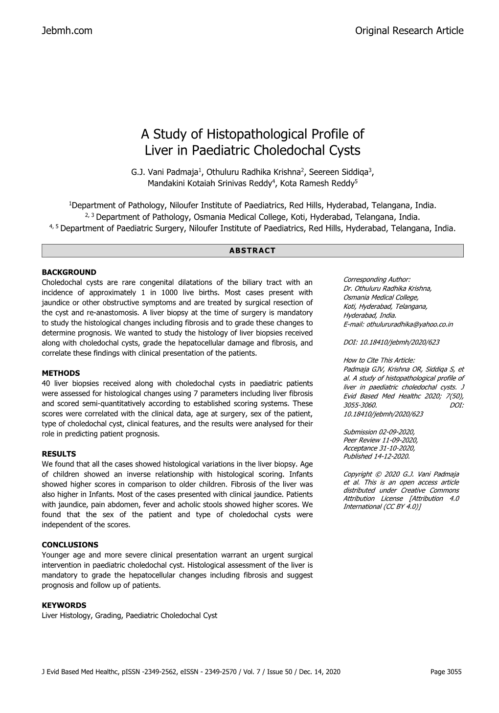 A Study of Histopathological Profile of Liver in Paediatric Choledochal Cysts