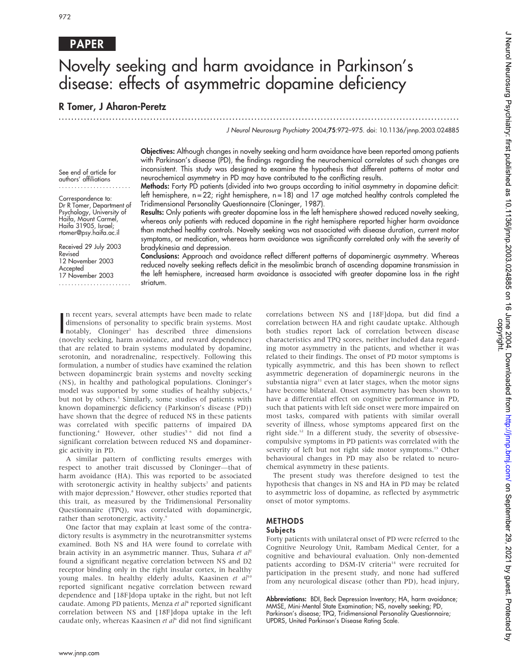 Novelty Seeking and Harm Avoidance in Parkinson's Disease: Effects Of