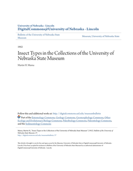 Insect Types in the Collections of the University of Nebraska State Museum Martin H