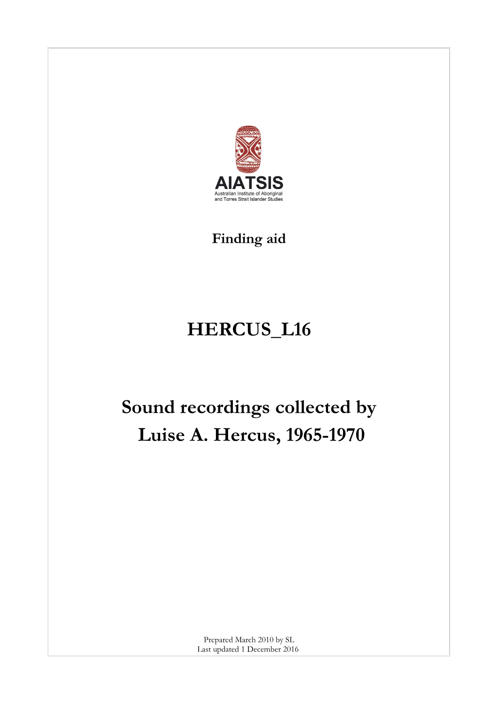 Guide to Sound Recordings Collected by Luise Hercus, 1965-1970