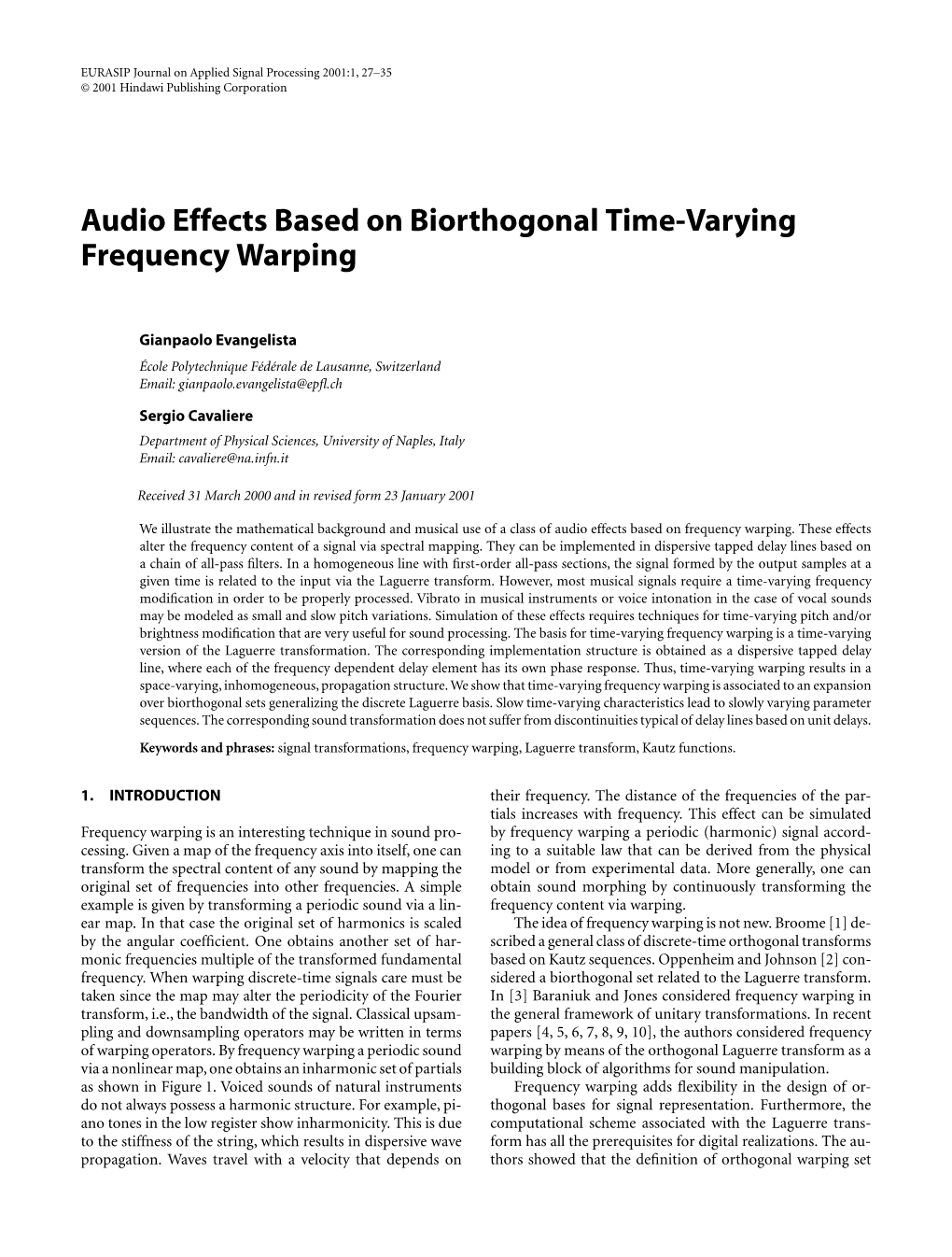 Audio Effects Based on Biorthogonal Time-Varying Frequency Warping