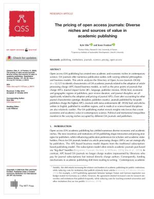 The Pricing of Open Access Journals: Diverse Niches and Sources of Value in Academic Publishing