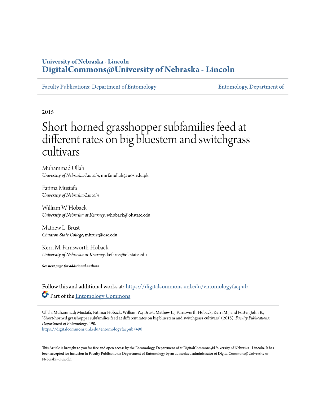 Short-Horned Grasshopper Subfamilies Feed at Different Rates on Big Bluestem and Switchgrass Cultivars