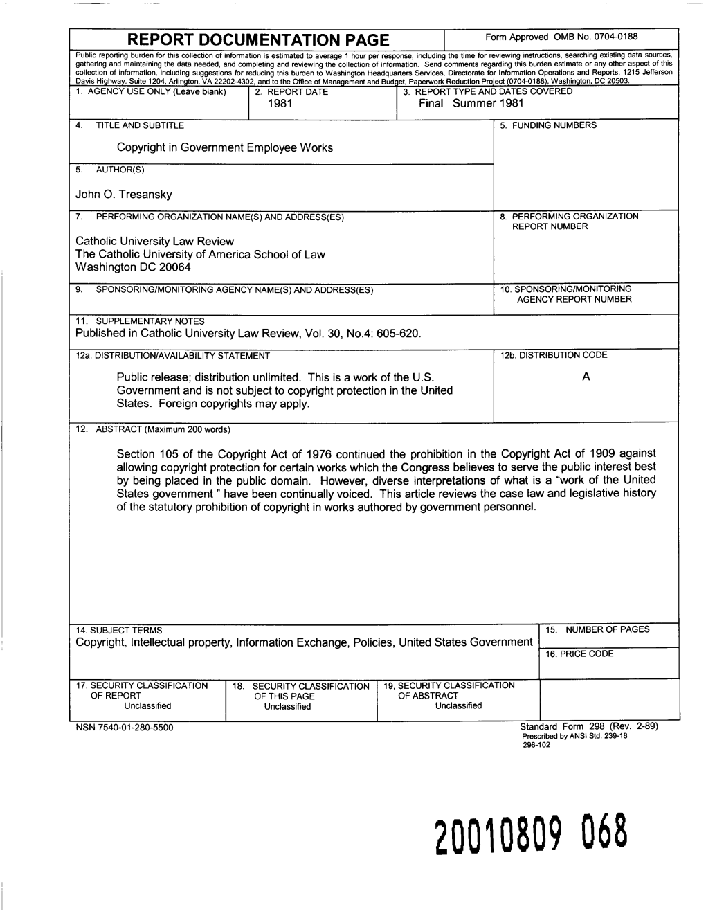 Copyright in Government Employee Authored Works*