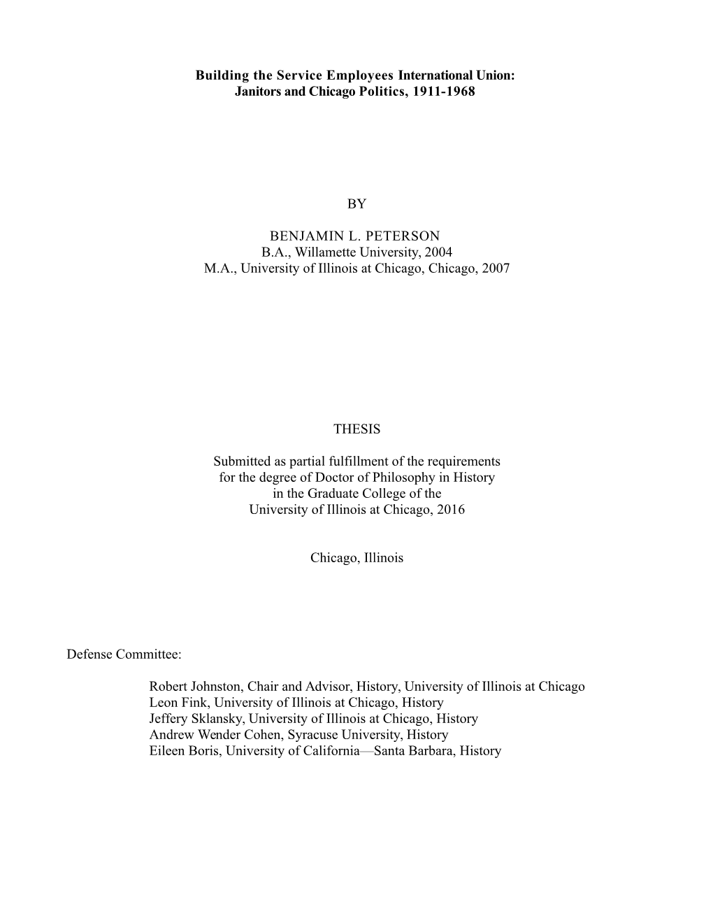 Building the Service Employees International Union: Janitors and Chicago Politics, 1911-1968