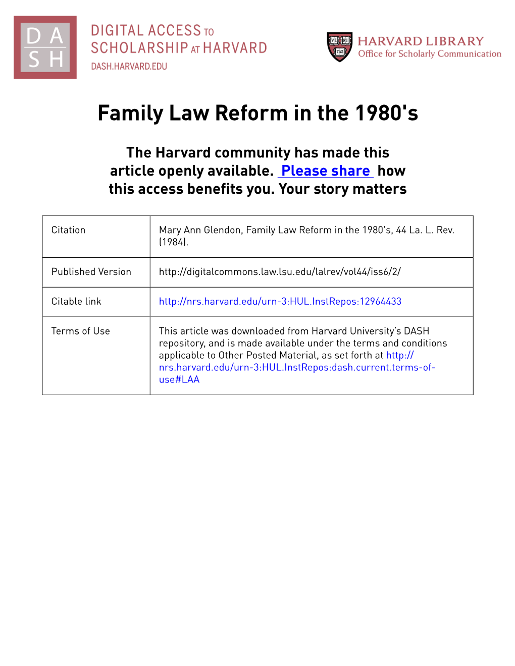 Family Law Reform in the 1980'S