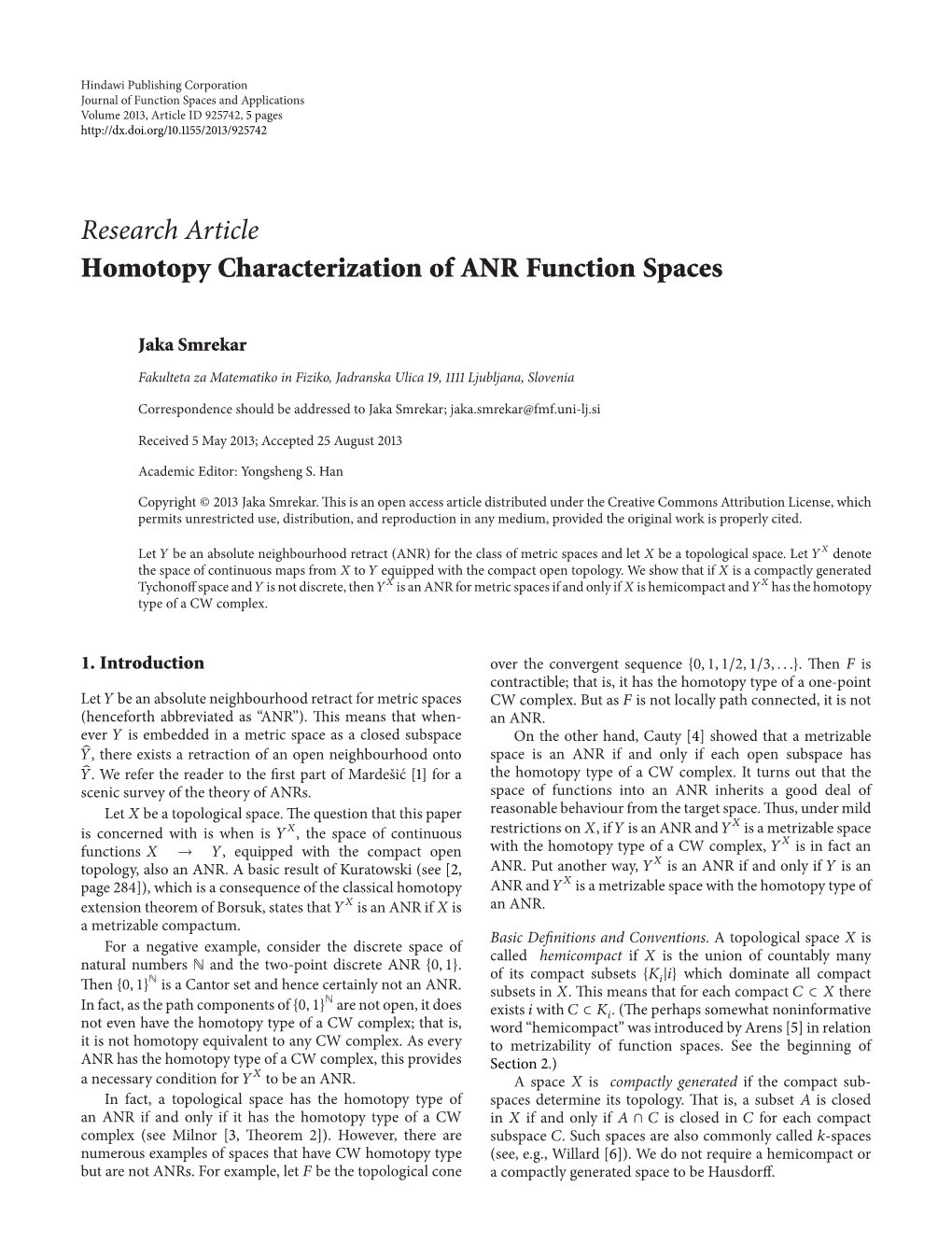 Research Article Homotopy Characterization of ANR Function Spaces