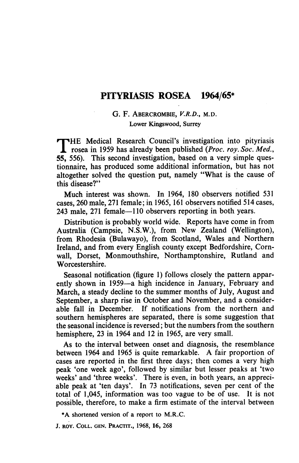 Pityriasis Rosea 1964/65* G