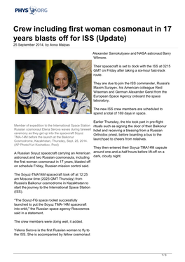 Crew Including First Woman Cosmonaut in 17 Years Blasts Off for ISS (Update) 25 September 2014, by Anna Malpas