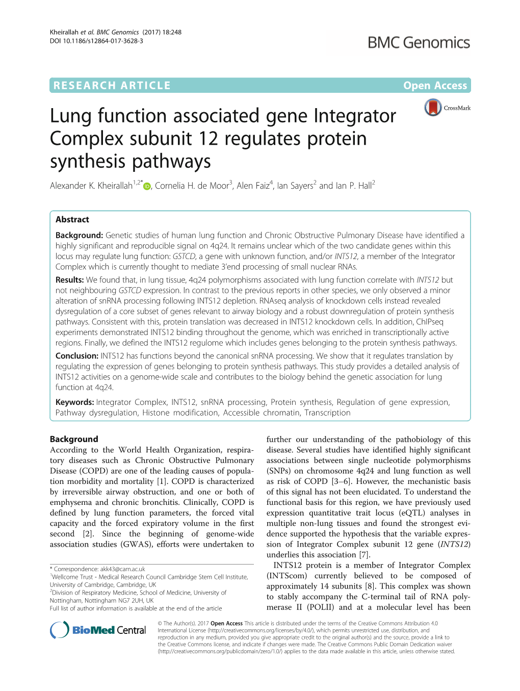 Lung Function Associated Gene Integrator Complex Subunit 12 Regulates Protein Synthesis Pathways Alexander K