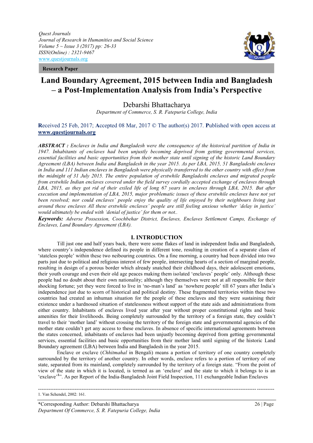 Land Boundary Agreement, 2015 Between India and Bangladesh – a Post-Implementation Analysis from India’S Perspective