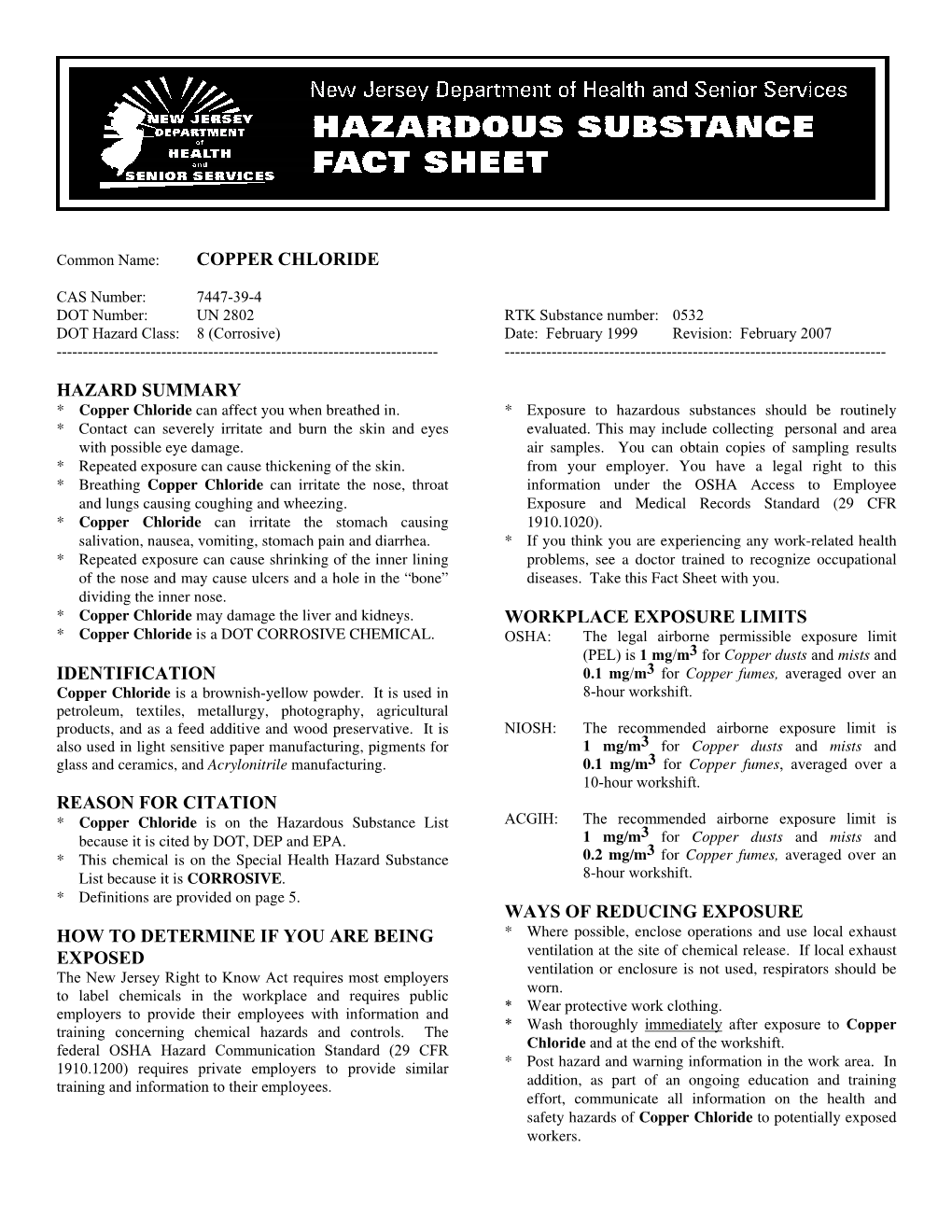 Copper Chloride Hazard Summary Identification