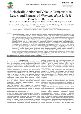 Biologically Active and Volatile Compounds in Leaves and Extracts of Nicotiana Alata Link & Otto from Bulgaria