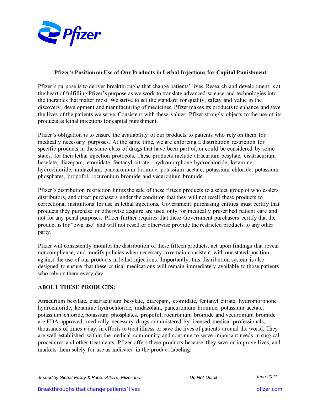 Pfizer's Position on Use of Our Products in Lethal Injections For